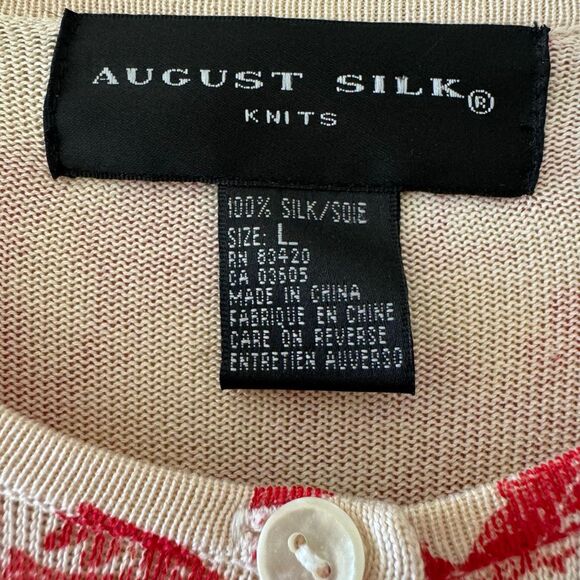 August Silk Knit Button Down Lightweight Red Cream Casual Luxury Cardigan  SZ L - Picture 6 of 15